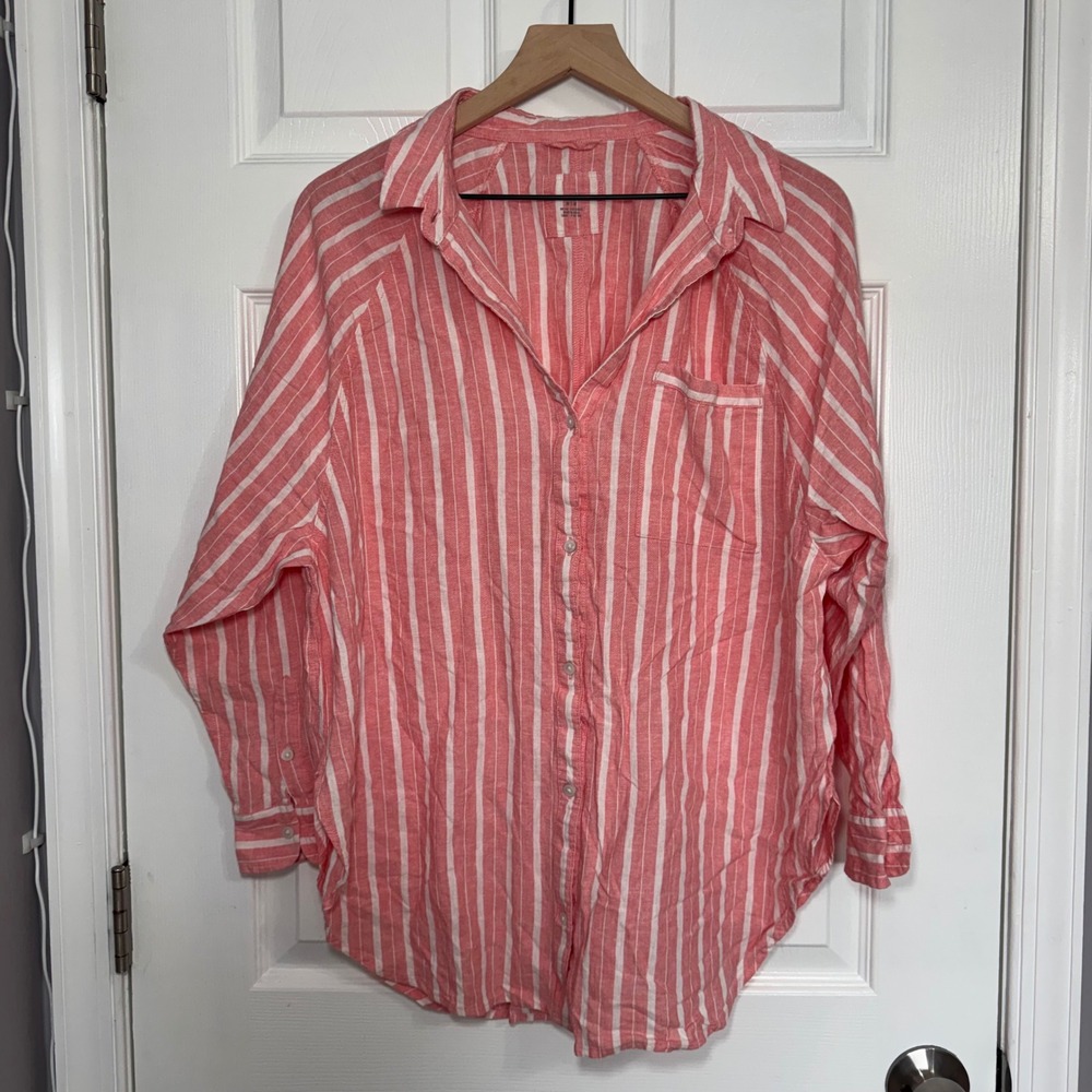 Aerie Linen Blend Shirt Pink White Striped Button Down Oversized Medium